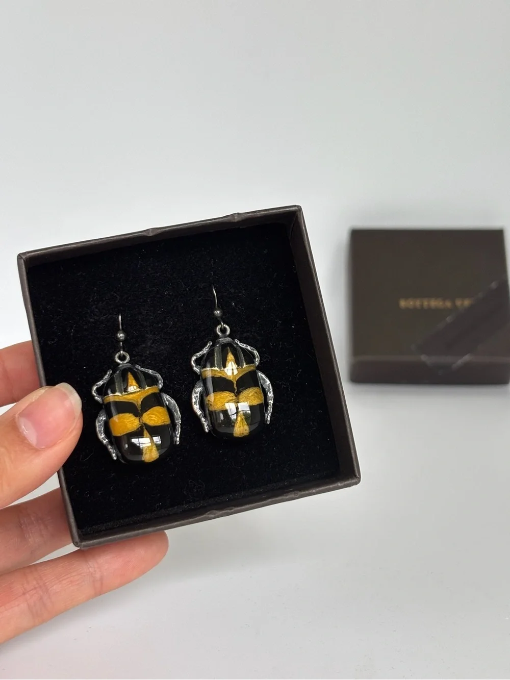 Bottega Veneta Black and Yellow Scarab Beetle Drop Silver Earrings - Picture 3 of 4